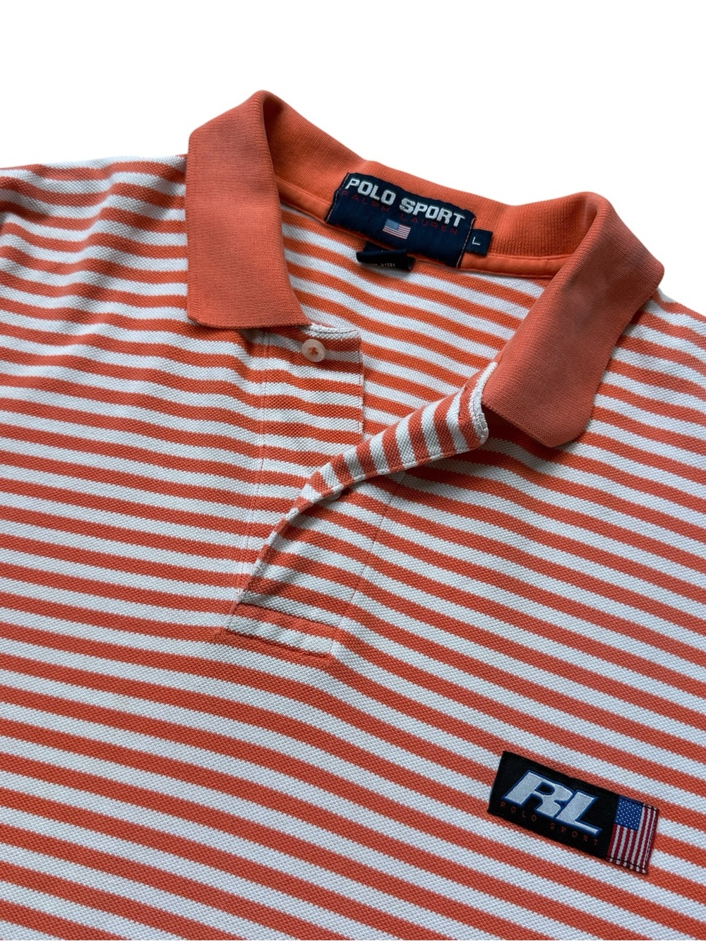 VTG Y2K Polo Sport Ralph Lauren Striped Polo Shirt USA Flag Patch Orange White L